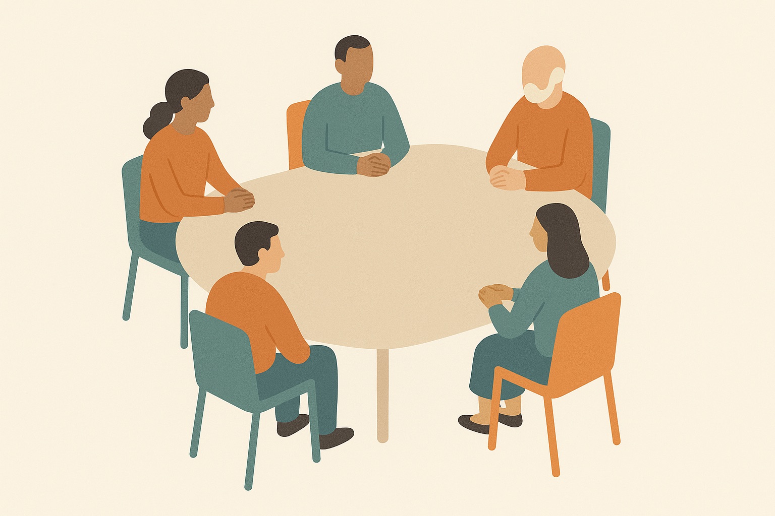 Illustration of five figures around a table with two empty seats, representing that not every family member has to attend counseling.