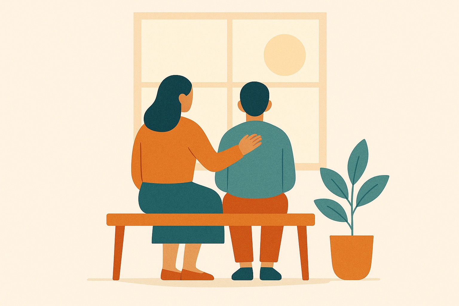 Illustration of two people sitting together on a bench by a window, one resting a hand on the other's shoulder in support during grief.