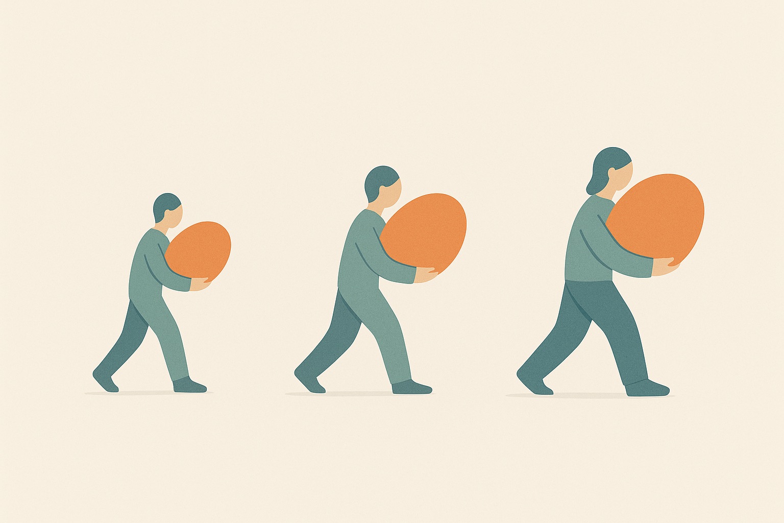 Illustration of a figure carrying a large shape that appears smaller in each repeated pose, representing growing around a loss rather than the loss shrinking.