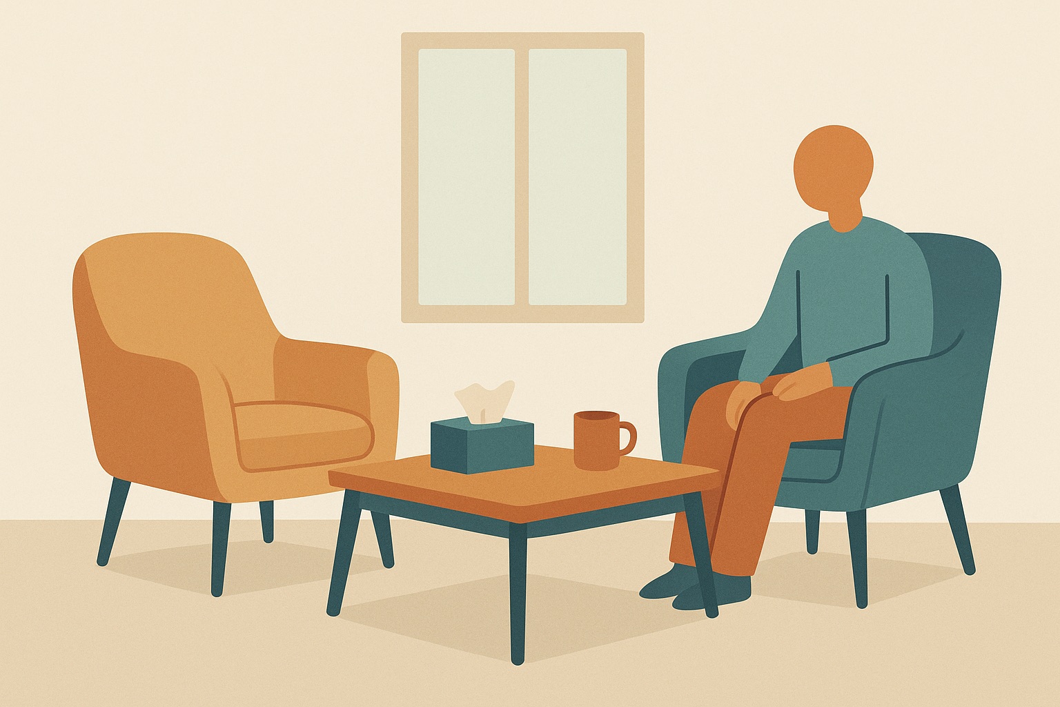 Illustration of a calm counseling room with two armchairs facing each other, a tissue box and mug on a low table, set up for a grief counseling session.