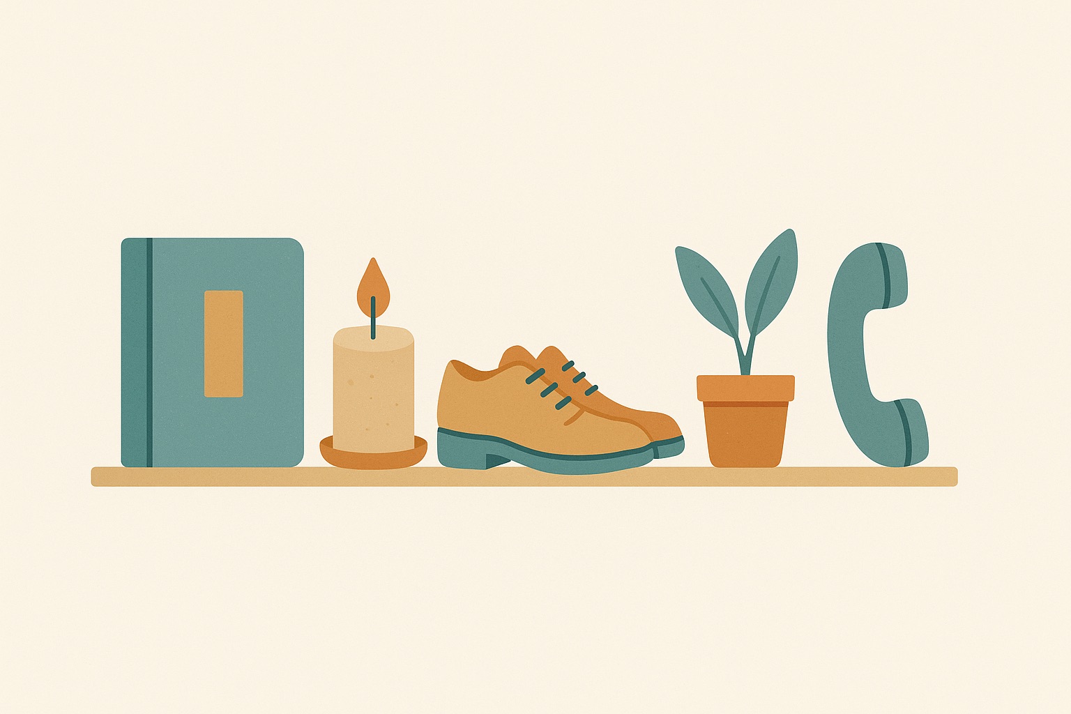 Illustration of five objects in a row including a notebook, candle, walking shoes, plant and telephone, representing practical grief therapy techniques.