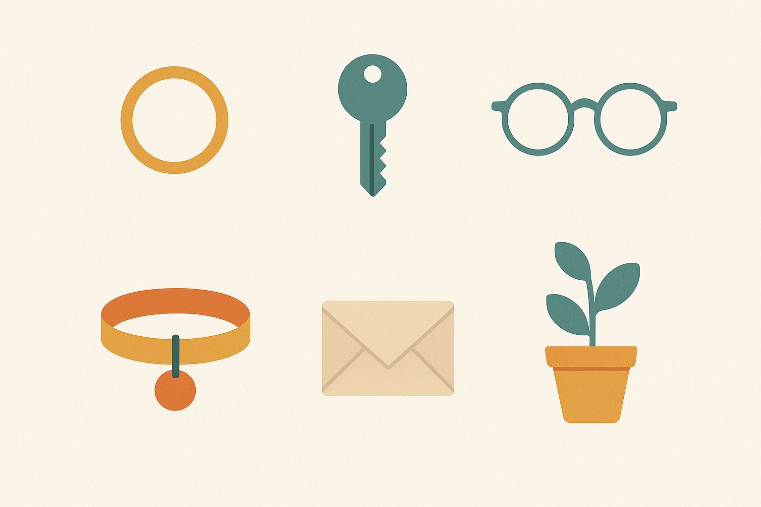 Illustration of six objects including a ring, a key, glasses and a pet collar, representing the many different kinds of loss that cause grief.