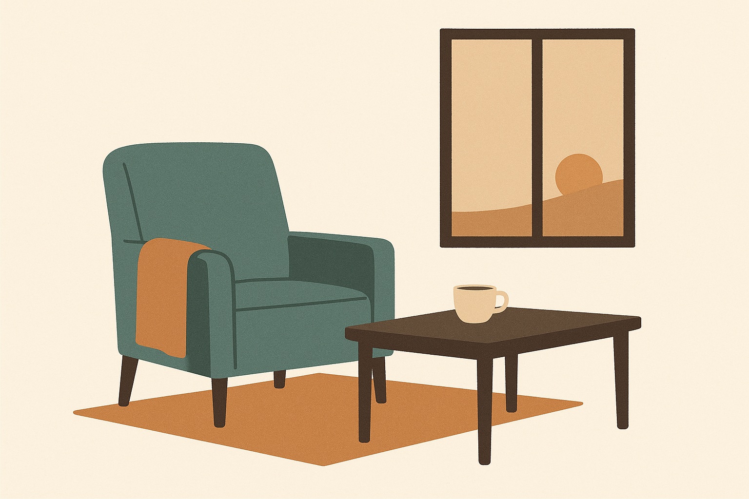Illustration of an empty armchair with a folded blanket and a half-finished cup, representing rest and permission to do less while grieving.