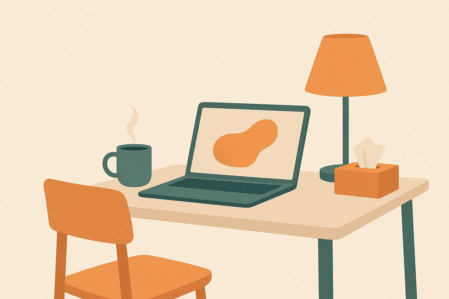 Illustration of a laptop set up on a kitchen table with a mug and tissues, representing an online grief counseling session at home.