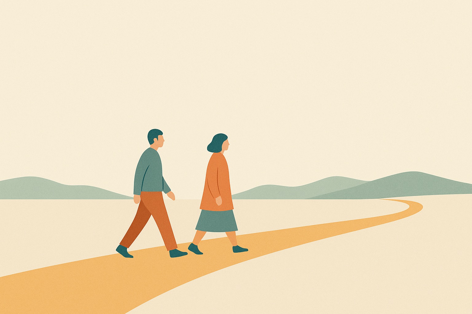 Illustration of two people walking a long path together under an open sky, one slightly ahead, representing being accompanied through grief.