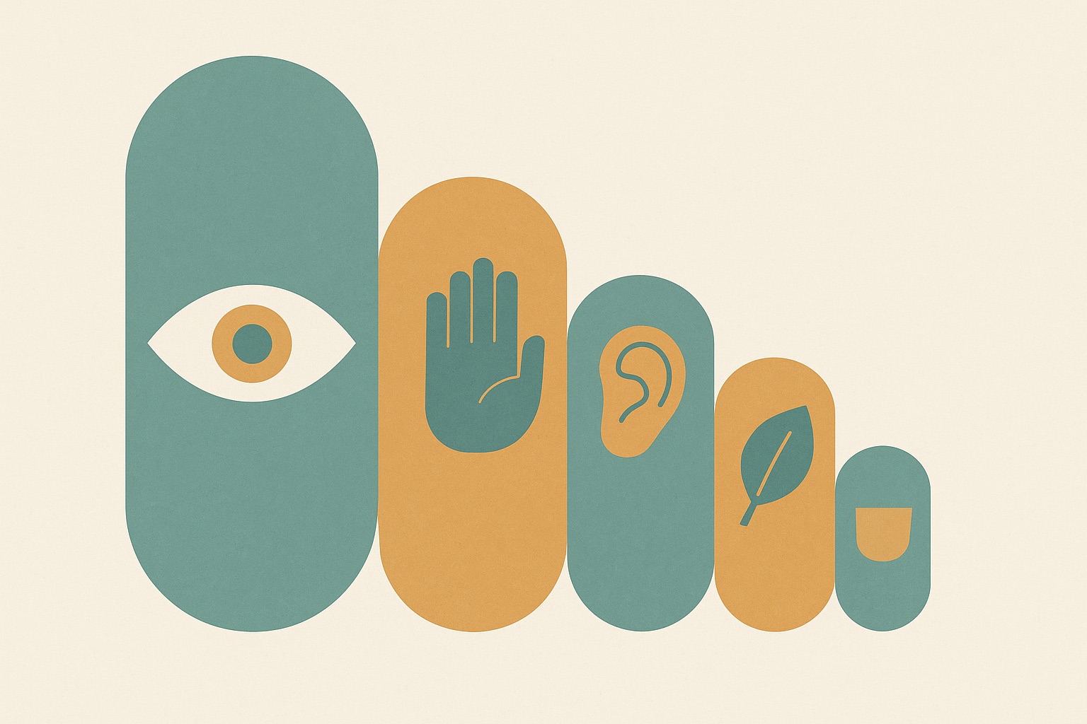 Illustration of five descending shapes each holding a sense icon, representing the 5-4-3-2-1 grounding technique for anxiety.
