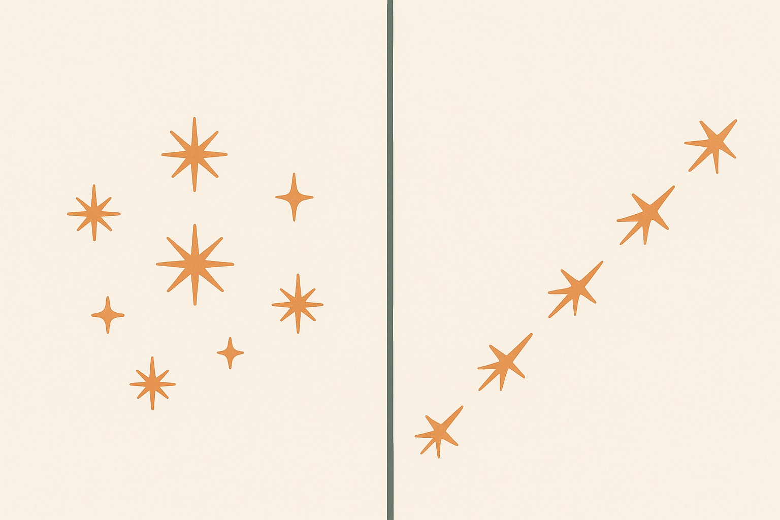 Illustration comparing scattered sparks in all directions with sparks aimed in one direction, showing impulsive outbursts versus targeted control.