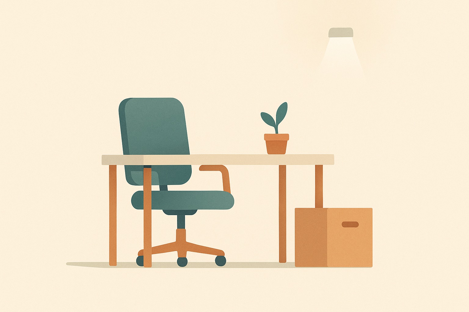 Illustration of an empty desk chair pushed back from a cleared desk with a box on the floor, representing job loss.