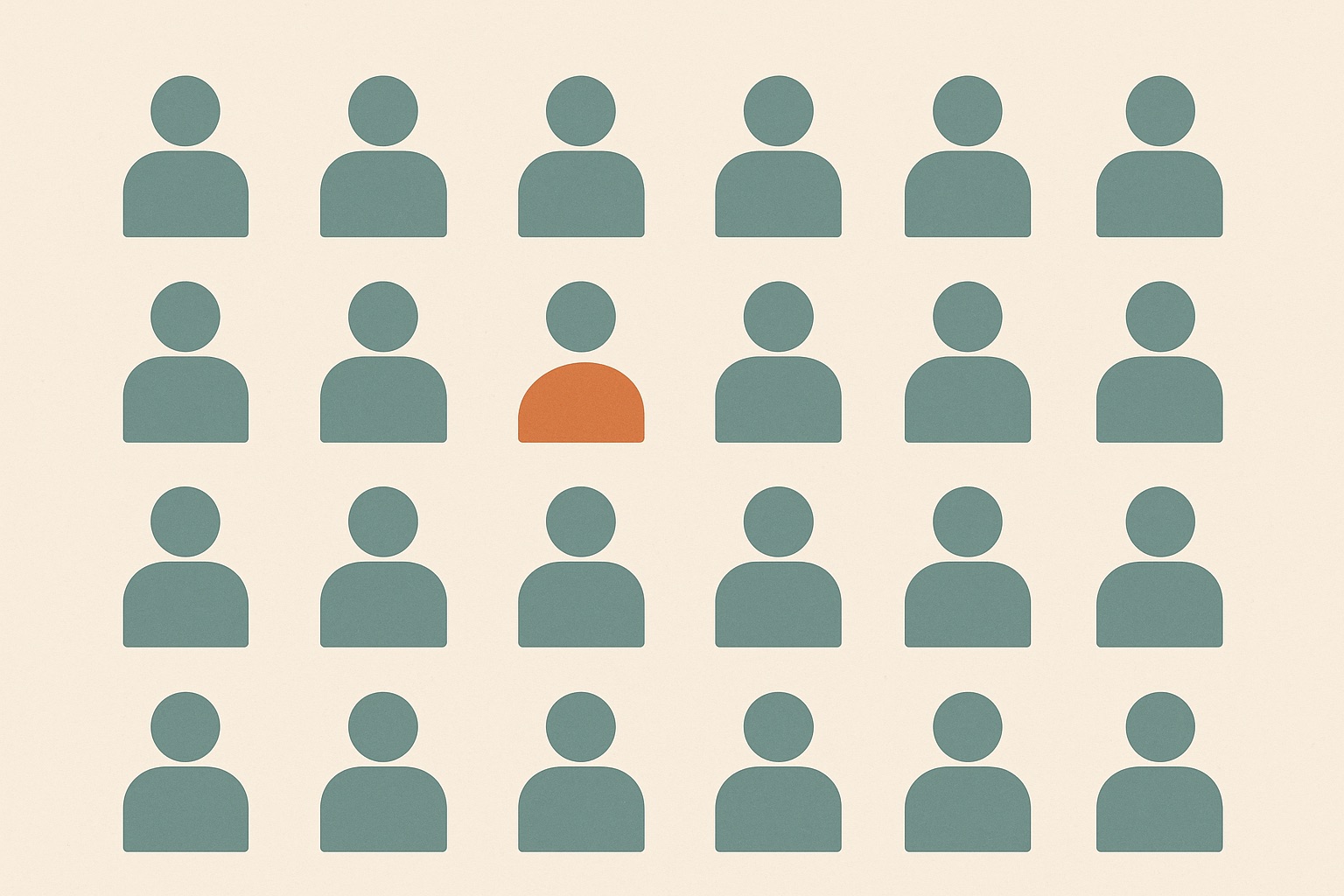 Illustration of one differently coloured figure within a dense crowd of identical figures, representing feeling alone among people.