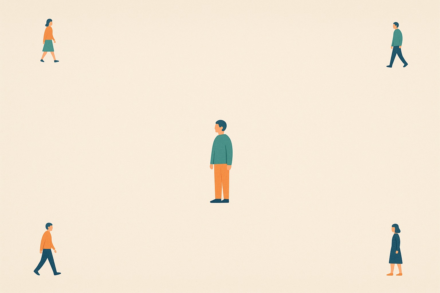Illustration of one figure alone at the centre of a wide empty space with others far at the edges, representing isolation.