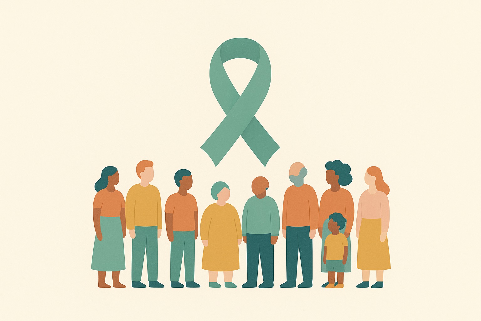 Illustration of a green awareness ribbon encircled by a group of people, marking Mental Health Awareness Month in May.