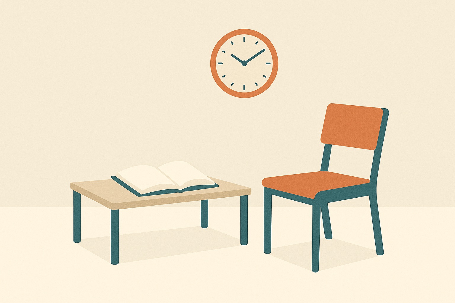 Illustration of a chair facing an open notebook with a clock behind, representing what a mental health counselor does.