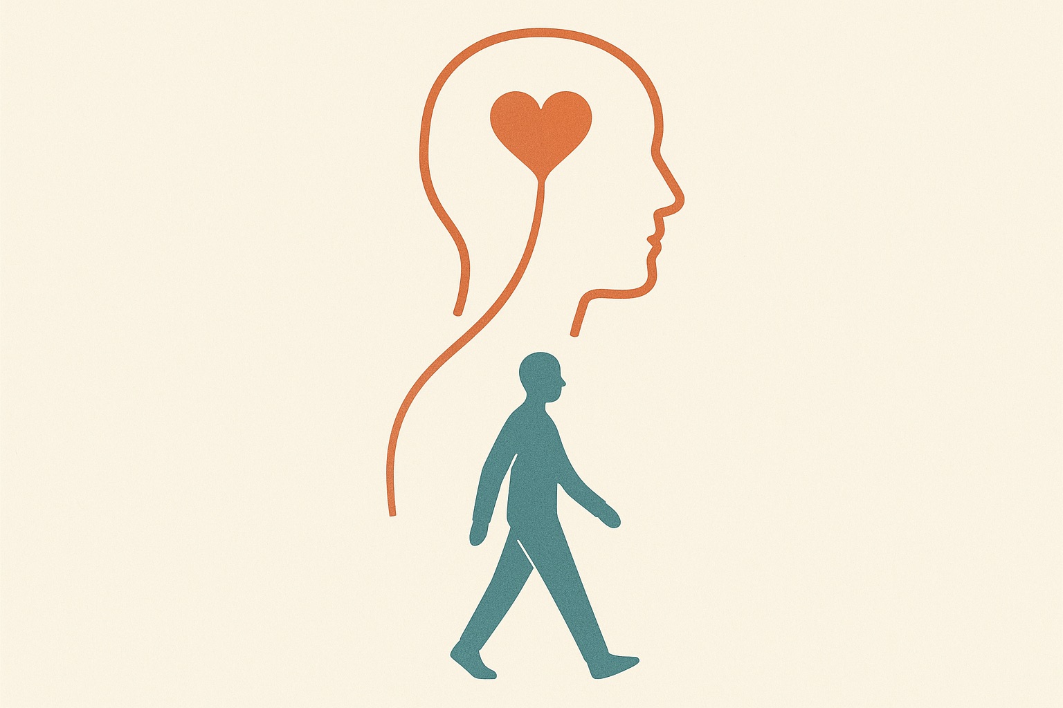 Illustration linking a head containing a heart to a walking figure, representing the connection between mental health and physical health.