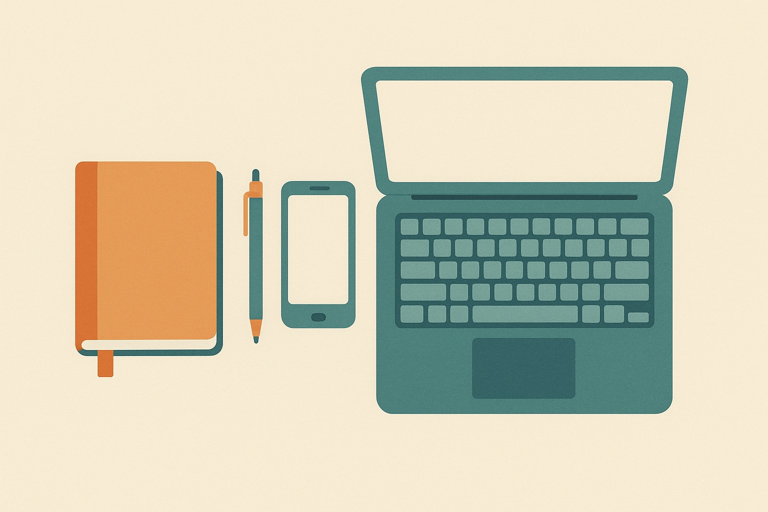 Illustration of a notebook, pen and phone arranged beside a laptop before a session, representing preparing to get the most from online therapy.