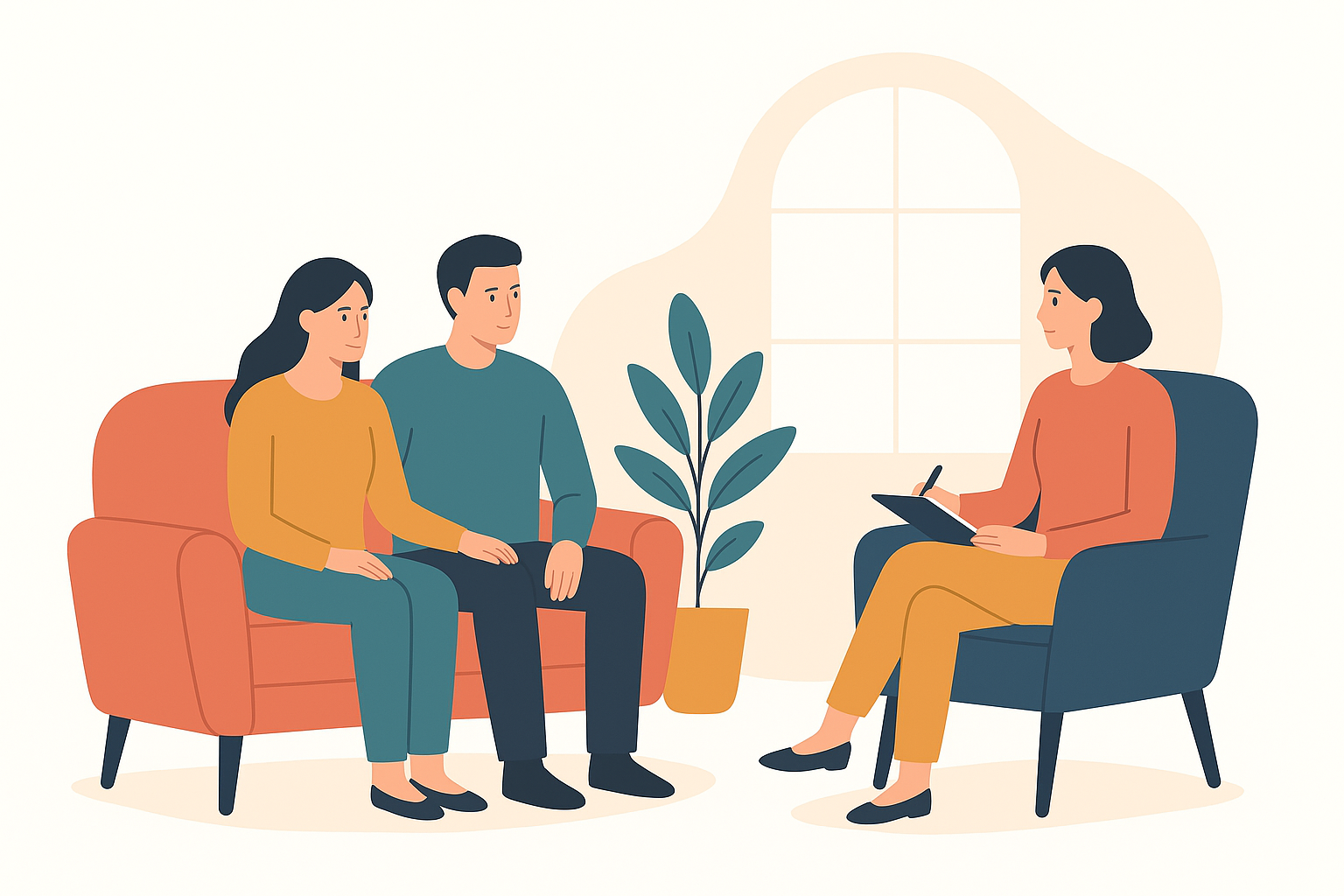 Illustration of a couple talking with a therapist during a counseling session.