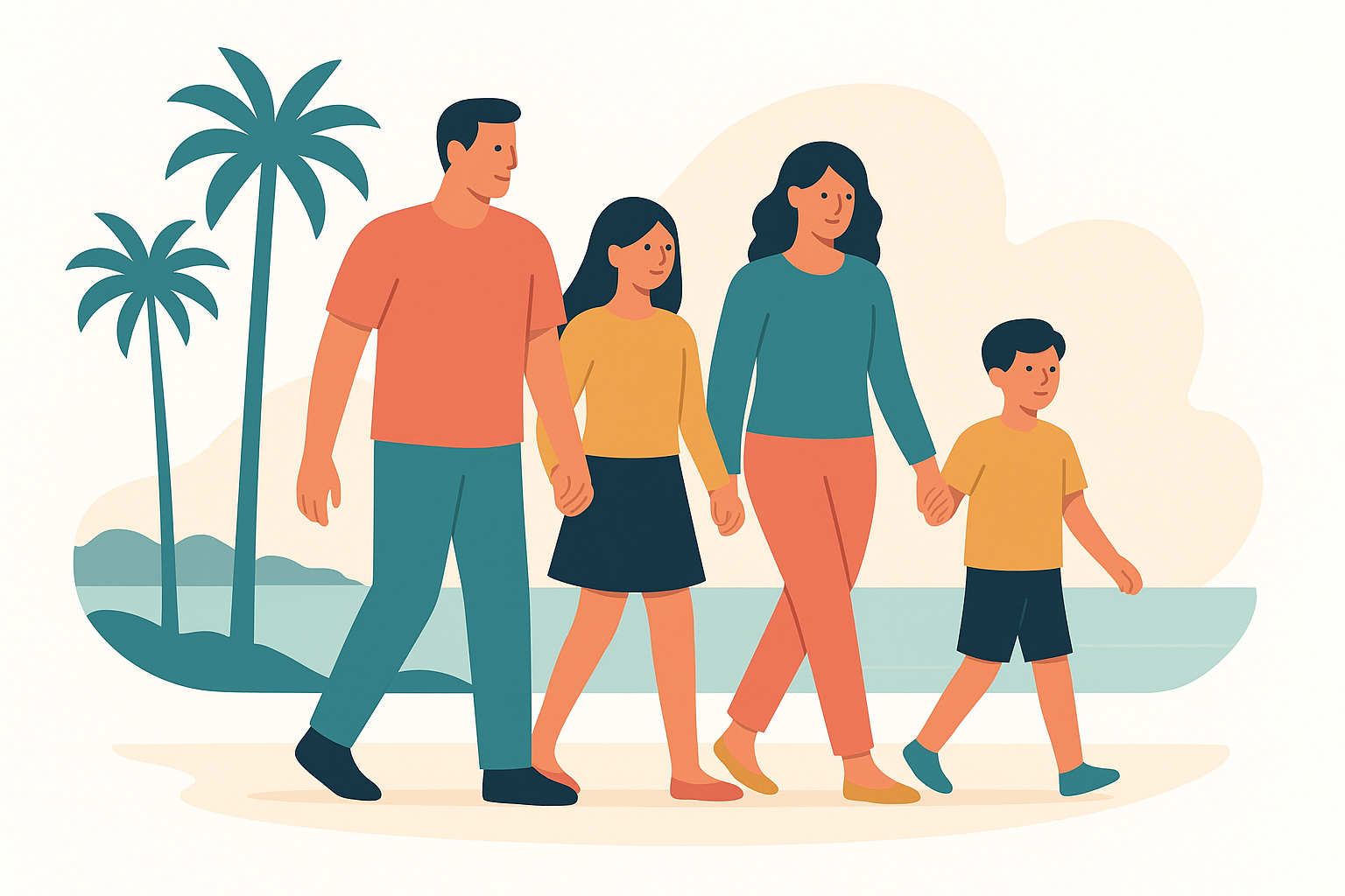Illustration of a family walking together on a sunny Southern California street lined with palm trees.