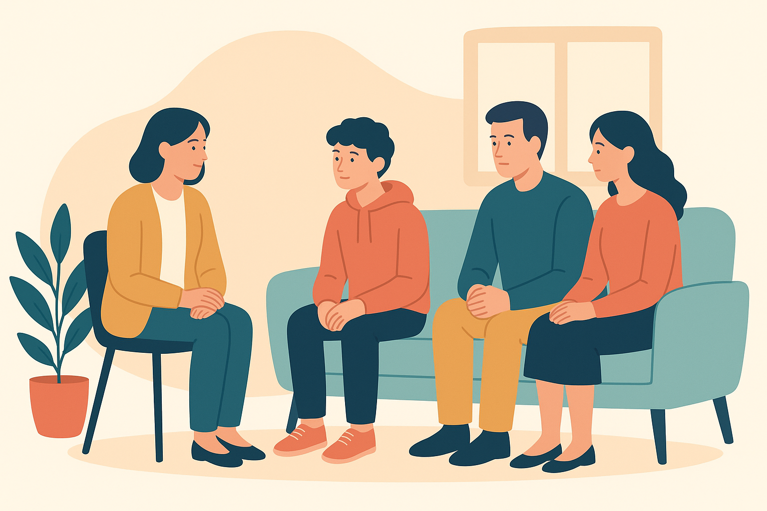 Illustration of a therapist meeting with a teenager and their parents in a counseling room.
