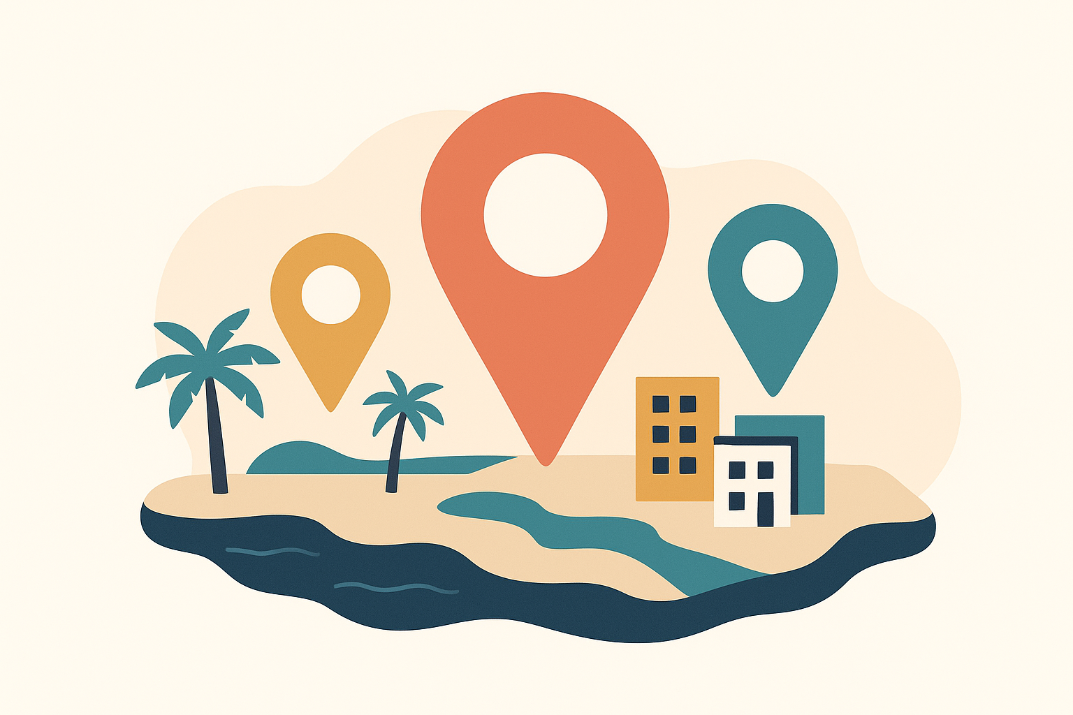 Illustration of three map location pins above a stylised Orange County coastline with palm trees and buildings.