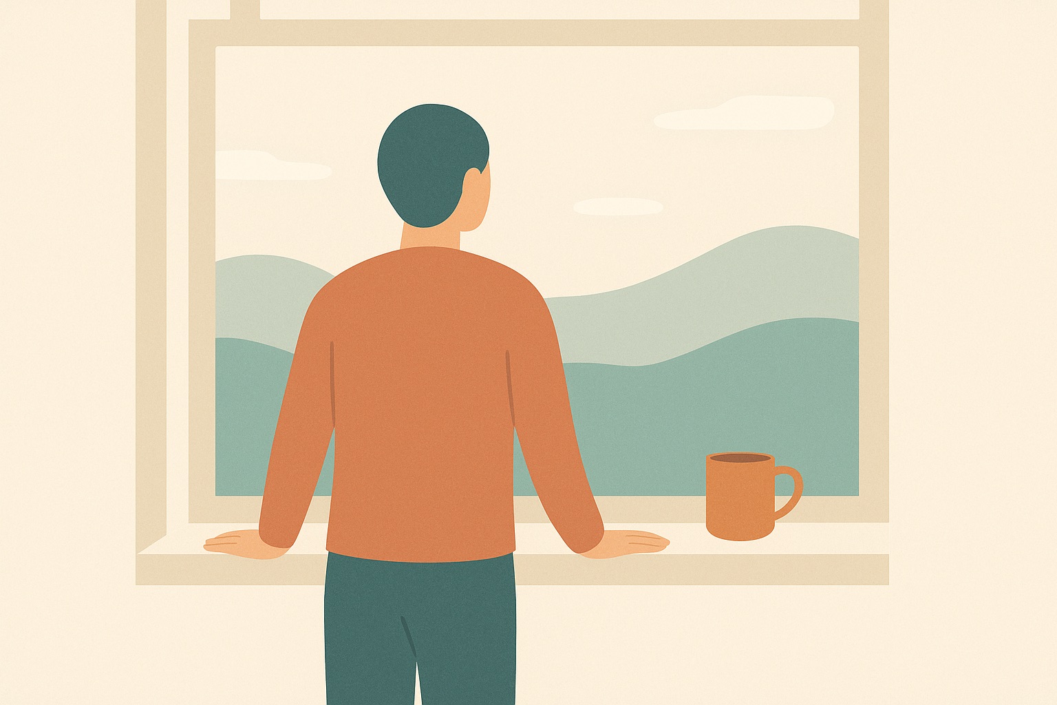 Illustration of a person standing at a window with hands resting on the sill, a grounding technique used in trauma therapy.