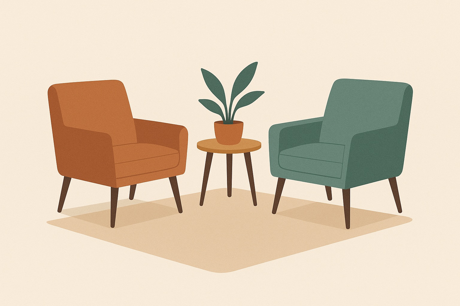 Illustration of two armchairs facing each other in a calm room, set up for a trauma-focused therapy session.