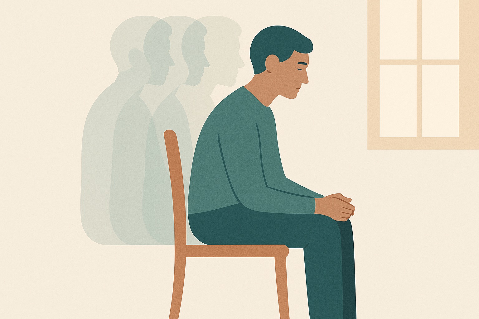 Illustration of a seated person with faint repeated outlines behind them, representing the intrusive memories and re-experiencing that are common PTSD symptoms.