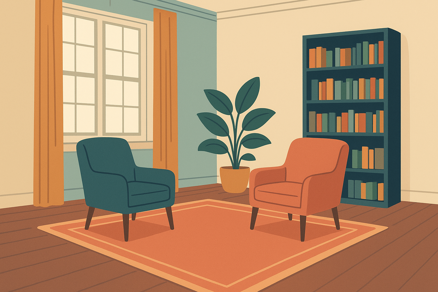 Illustration of a counseling room in an older building with tall windows, wooden floors and two chairs facing each other.