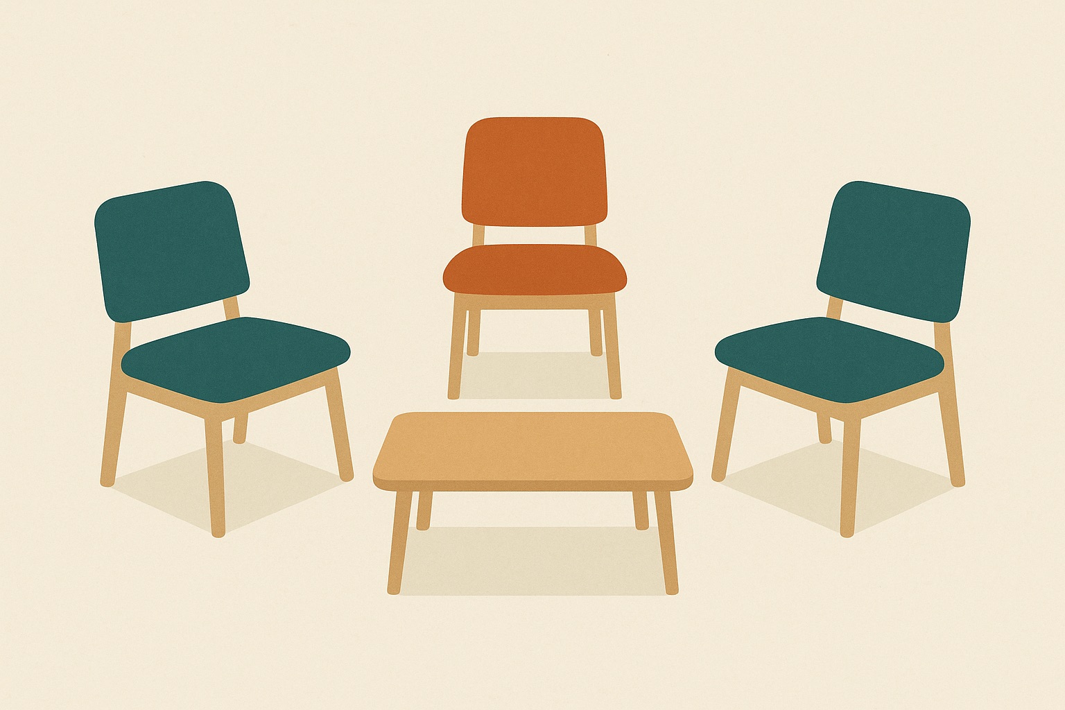 Illustration of three chairs in a triangle, two facing each other and one set back equidistant, representing a couples counseling session.