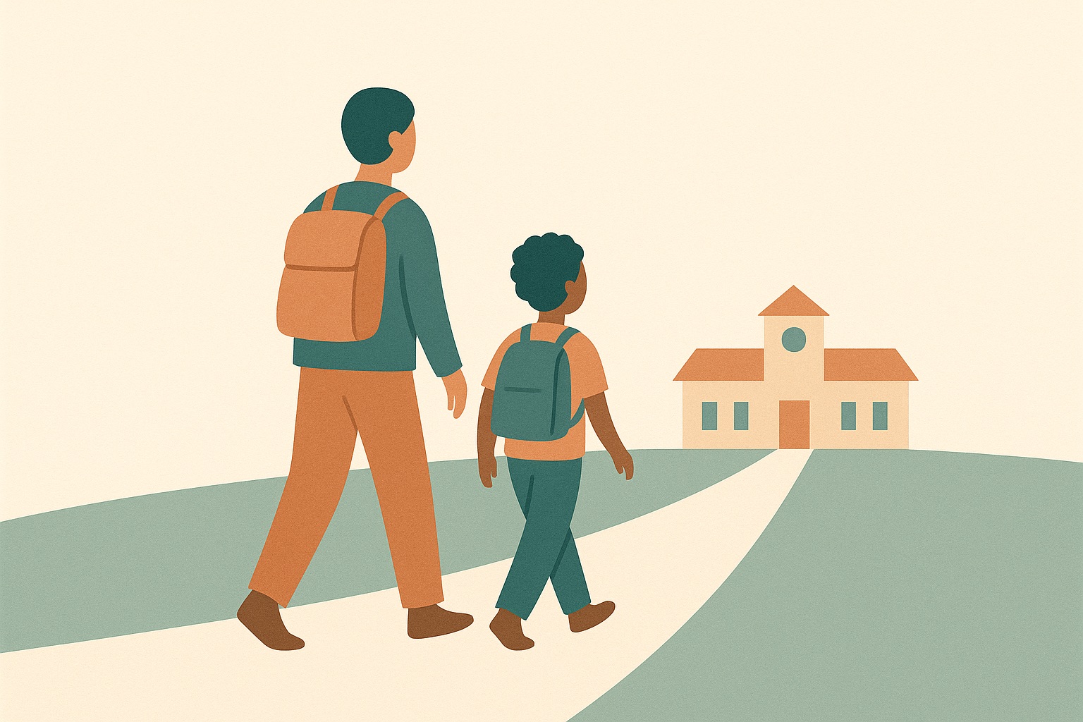 Illustration of an adult walking half a step behind a child toward a school building, representing supporting a child through school anxiety.