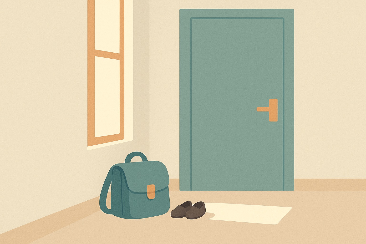 Illustration of a school bag and small shoes waiting by a closed front door in morning light, representing anxiety about returning to school.