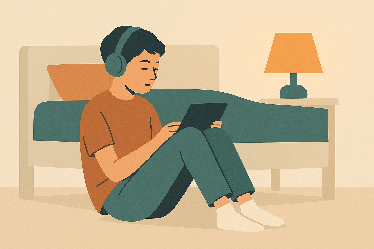 Illustration of a teenager sitting against a bed with headphones and a propped tablet, representing online therapy from their own room.