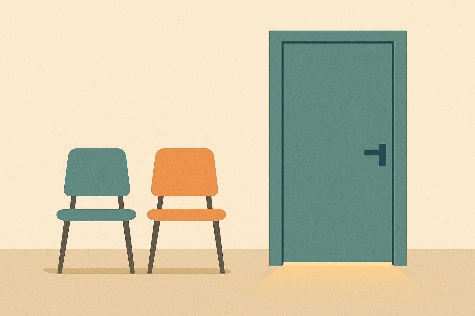 Illustration of a closed door with light beneath it and two chairs waiting outside, representing a teenager's confidential space in therapy.