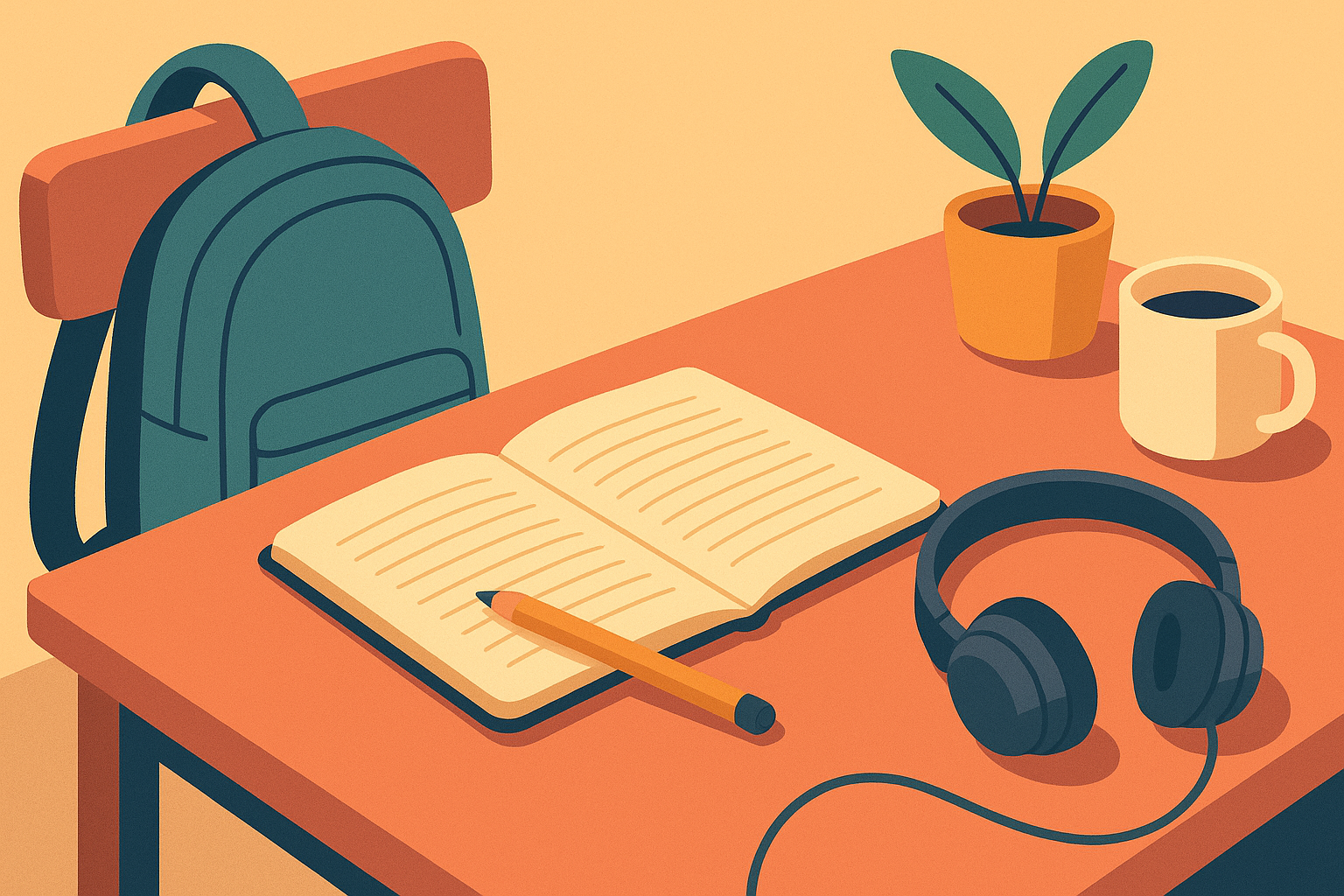 Illustration of a teenager’s desk with an open notebook, pencil, headphones, a backpack on the chair and a mug.