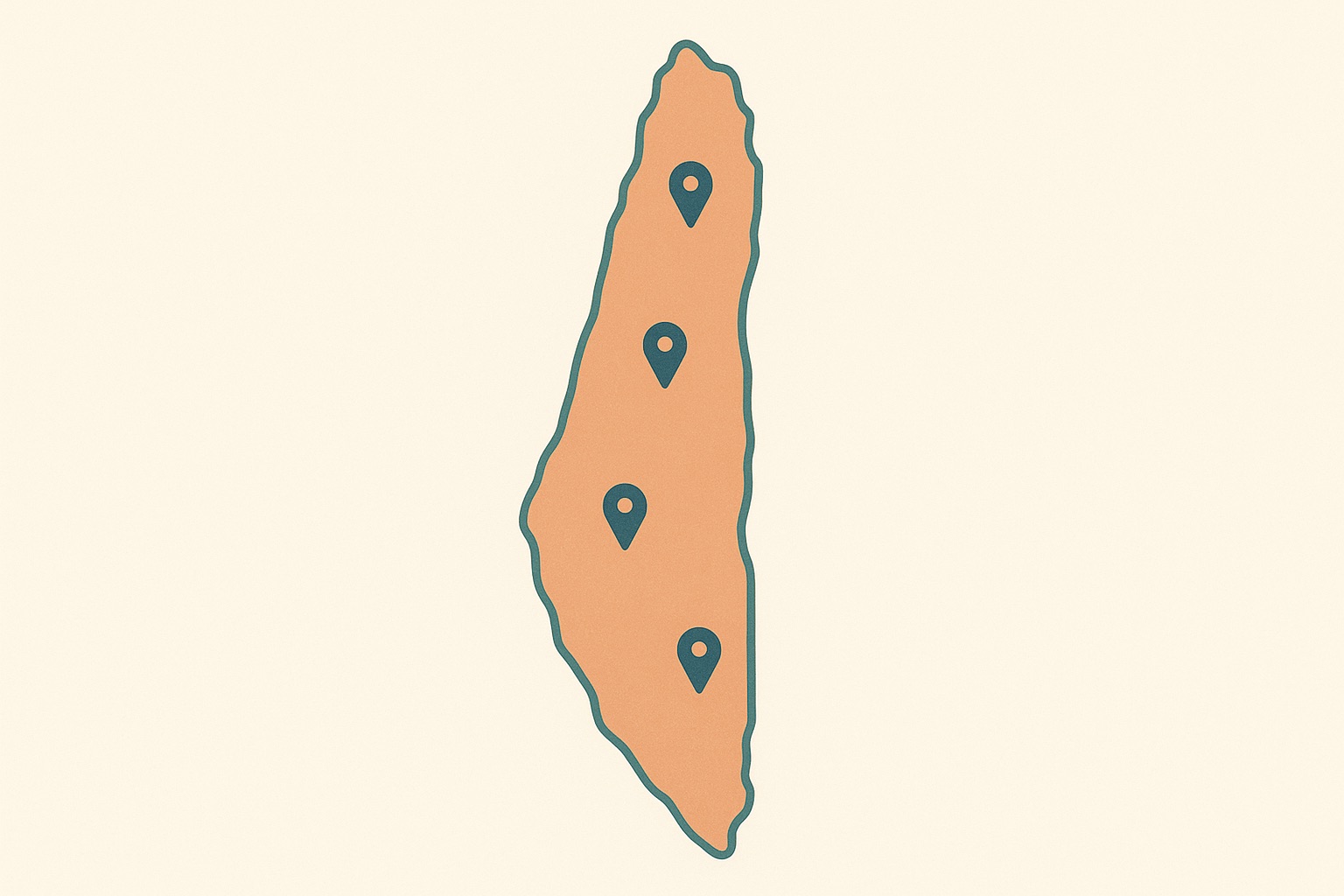Illustration of a territory outline with five markers and an even colour wash across it, representing in-person offices plus statewide telehealth coverage.