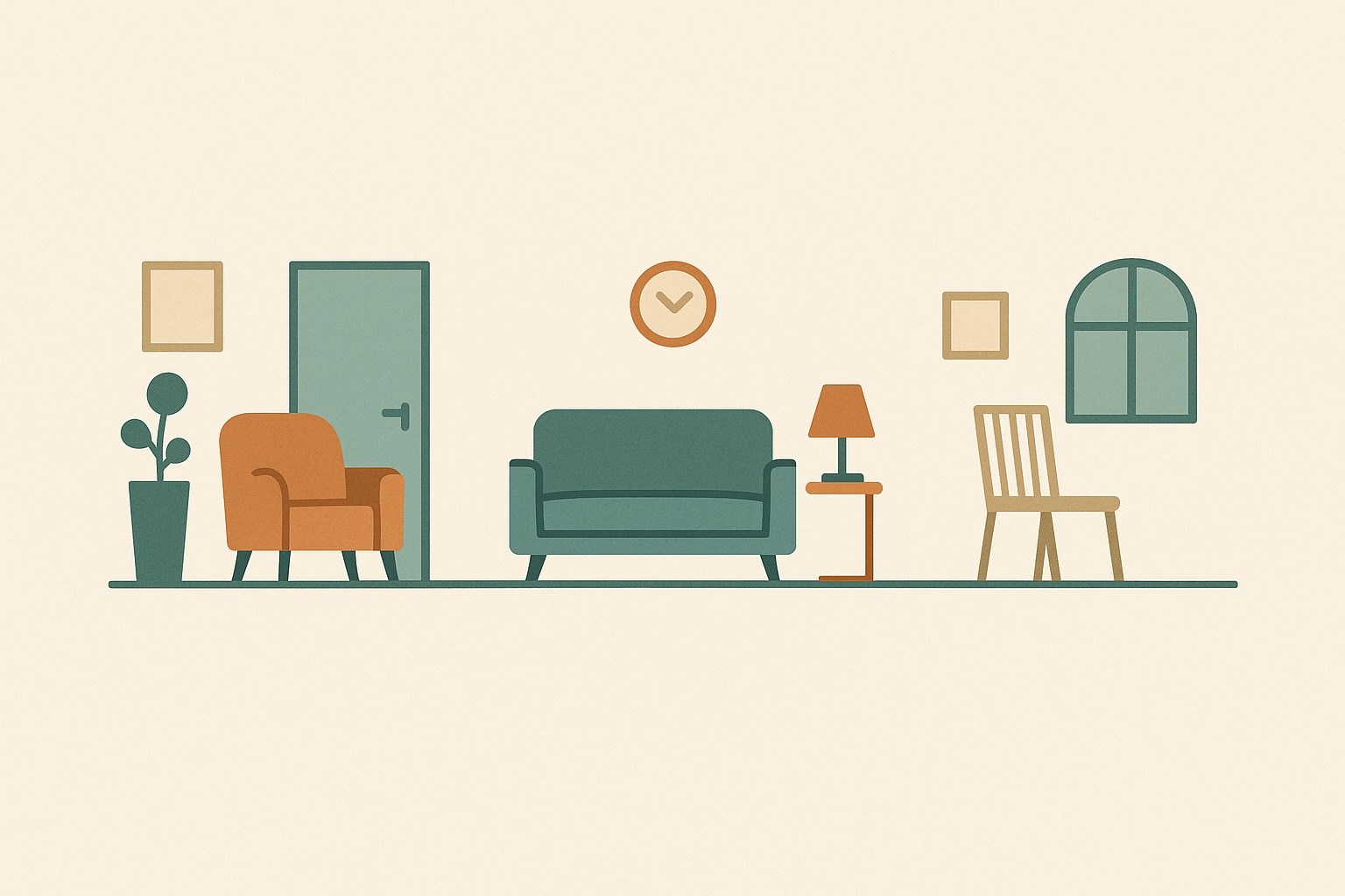 Illustration of three separate rooms joined by one continuous line, representing family members joining the same session from different locations.
