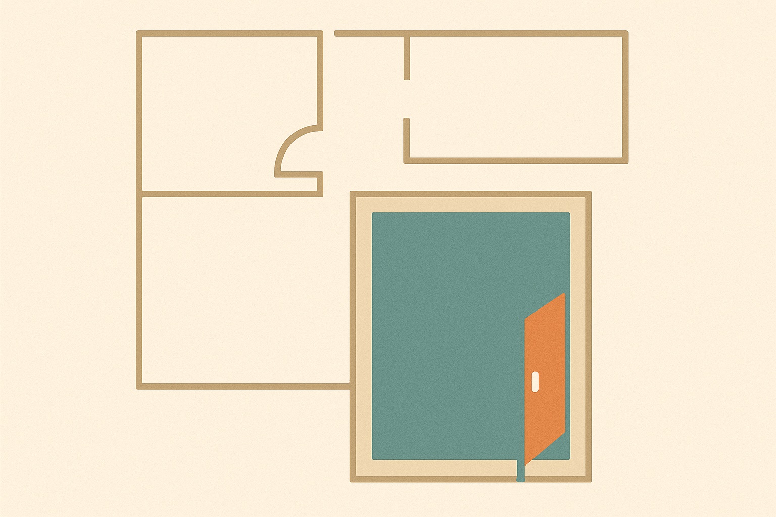 Illustration of an overhead floor plan with one closed room set apart from the others, representing finding a private space for online therapy.