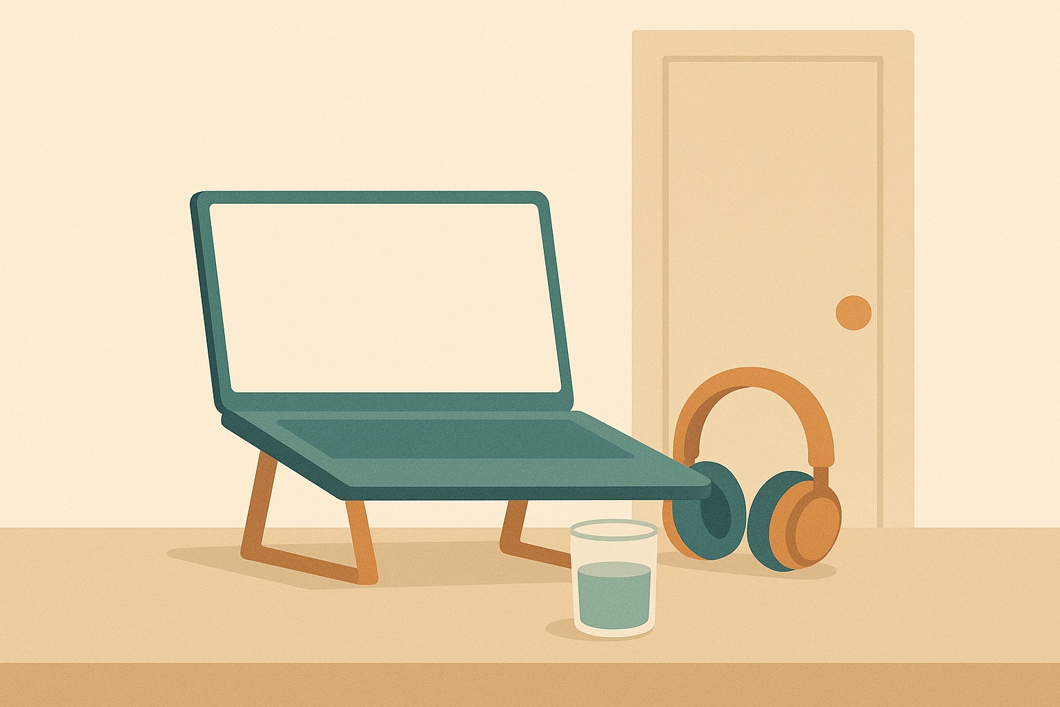 Illustration of a laptop raised to eye level on a desk with headphones, water and a closed door behind, representing preparing for a teletherapy session.