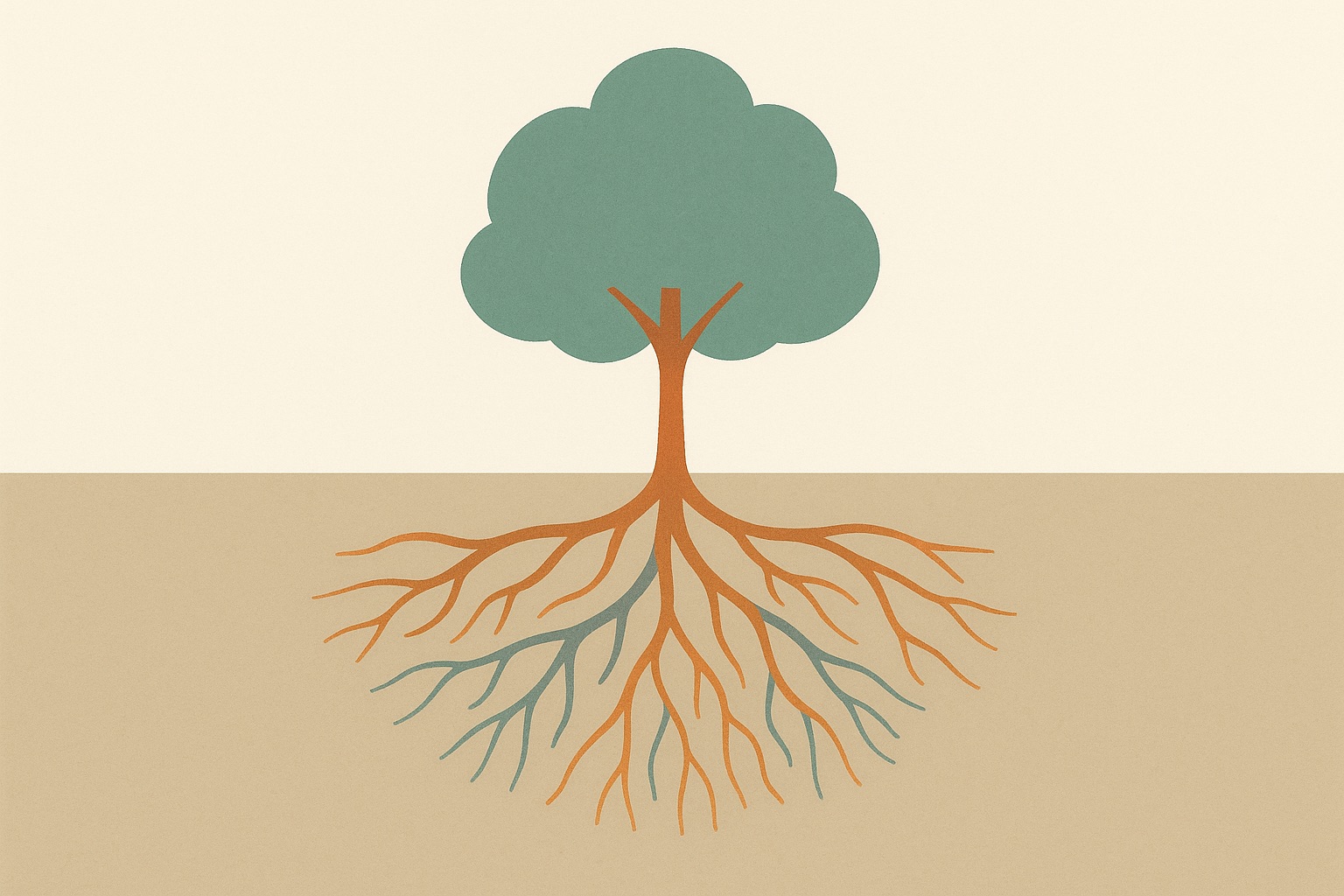 Illustration of a tree with a small trunk above ground and extensive roots below, representing the underlying causes of violence.